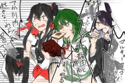  banned_artist carrying checkered checkered_neckwear eyepatch food food_in_mouth headgear kantai_collection kiso_(kantai_collection) mouth_hold multiple_girls necktie over_shoulder purple_hair saki_tsurugi sendai_(kantai_collection) tenryuu_(kantai_collection) toast toast_in_mouth translation_request yahagi_(kantai_collection) 