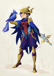  animal_on_arm armor bird bird_on_arm bowgun breastplate cape commentary_request female forehead_protector greaves inkinesss league_of_legends narrow_waist purple_hair quinn_(league_of_legends) short_hair valor_(league_of_legends) weapon yellow_eyes 