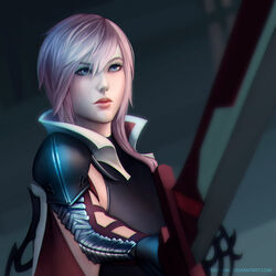  &eacute;clair_farron armor audia_pahlevi blue_eyes cape female final_fantasy final_fantasy_xiii lightning_returns:_final_fantasy_xiii looking_at_viewer pink_hair popped_collar solo sword upper_body 