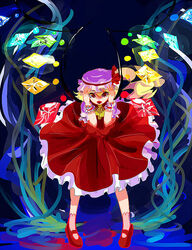  ascot blonde_hair commentary_request female flandre_scarlet hands_on_own_face hat omin_(risabon) open_mouth red_eyes ribbon short_hair side_ponytail solo touhou wings 