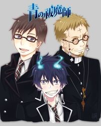  3boys ao_no_exorcist blonde_hair blue_eyes blue_fire blue_hair brothers brown_hair commentary_request conanhk fire fujimoto_shirou glasses male_focus multiple_boys okumura_rin okumura_yukio photoshop_(medium) pointy_ears siblings smile 