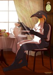  aledonrex anthro apple avian beverage biped bird blue_eyes clock detailed_background emperor_penguin food fruit hi_res jack_gloster_(character) looking_at_viewer male nude penguin plant sitting solo tea 