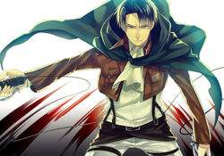  1boy ascot belt black_hair cape commentary_request curtained_hair emblem jacket levi_(shingeki_no_kyojin) male_focus paradis_military_uniform shingeki_no_kyojin solo subaru_(hz) thigh_strap wire 