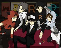  5boys adjusting_clothes adjusting_headwear banner baseball_cap belt black_hair blue_eyes brendan_(pokemon) brown_hair clothes_writing commentary_request cosplay dark_persona ethan_(pokemon) formal giovanni_(pokemon) giovanni_(pokemon)_(cosplay) hat hilbert_(pokemon) hood looking_at_viewer lucas_(pokemon) male_focus multiple_boys pixiv_red poke_ball poke_ball_(basic) pokemon pokemon_bw pokemon_dppt pokemon_hgss pokemon_rgby pokemon_rse red_(pokemon) red_eyes sei_(shinkai_parallel) single_letter sitting smile suit team_galactic_uniform team_magma_uniform team_plasma_uniform team_rocket team_rocket_uniform uniform yellow_eyes 