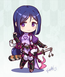  black_footwear black_gloves blush bodysuit boots breasts chibi chinese_commentary closed_mouth commentary_request cosplay fate/grand_order fate_(series) female fingerless_gloves fingernails gloves hair_between_eyes katana knee_boots langbazi long_hair look-alike love_live! love_live!_sunshine!! matsuura_kanan medium_breasts minamoto_no_raikou_(fate) minamoto_no_raikou_(fate)_(cosplay) parted_bangs photoshop_(medium) puffy_short_sleeves puffy_sleeves purple_bodysuit purple_eyes purple_hair sheath sheathed short_sleeves signature smile solo standing standing_on_one_leg sword very_long_hair weapon 