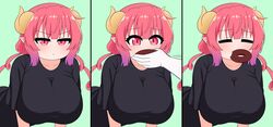  1girls 1other 2021 3koma absurd_res all_fours bare_arms bent_over big_breasts black_dress blush breasts closed_eyes clothed clothing comic cute doughnut dragon_girl dragon_horns dress drill_hair eating eyebrows_visible_through_hair female female_focus food gradient_background green_background half-closed_eyes hanging_breasts highres holding_food horns huge_breasts ilulu_(dragon_maid) long_hair looking_at_viewer matching_hair/eyes miss_kobayashi&#039;s_dragon_maid monster_girl mouth_hold pointy_ears pout red_eyes red_hair shortstack simple_background surprised the_only_shoe 