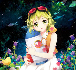  animal animal_on_shoulder bellflower bird bird_on_shoulder blue_background campanella_(vocaloid) commentary_request dress female flower goggles goggles_on_head green_eyes green_hair gumi heart hugging_object light_green_hair mca_(dessert_candy) photoshop_(medium) rocket shirt short_hair solo tears vocaloid 