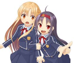  2girls ahoge akai_ronii arm_hug asuna_(sao) bad_id bad_pixiv_id brown_eyes brown_hair hairband konno_yuuki_(sao) long_hair multiple_girls pointing purple_hair red_eyes school_uniform smile sword_art_online 