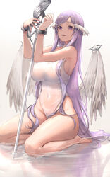  1girls :d absurdres angel_wings bare_arms bare_legs bare_shoulders barefoot blush breasts chains competition_swimsuit covered_navel cuffs divine_slut feathered_wings goddess handcuffs highleg highleg_swimsuit highres huge_filesize large_breasts long_hair one-piece_swimsuit open_mouth pigonhae purple_eyes purple_hair quinella_(sword_art_online) reflection shallow_water simple_background sitting smile solo straight_hair swimsuit sword sword_art_online sword_art_online_alicization very_long_hair water weapon white_background white_swimsuit white_wings wings 