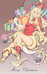  archangel_lucifer archangel_metatron_(p&amp;d) bad_id bad_pixiv_id blonde_hair blue_eyes breasts character_doll christmas cleavage colored_eyelashes covered_navel dress elbow_gloves female fur_trim gloves gradient_background haku_(p&amp;d) hat high_heels horns long_hair lying medium_breasts merry_christmas on_back open_mouth photoshop_(medium) puzzle_&amp;_dragons red_dress red_gloves sakuya_(p&amp;d) santa_costume santa_hat solo tail yomi_(p&amp;d) zutta 