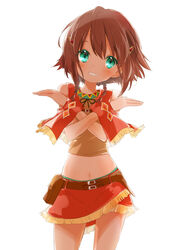  amy_(suisei_no_gargantia) bad_id bad_pixiv_id bare_shoulders bear_(artist) braid brown_hair female fringe_trim green_eyes hair_ornament hairclip heart navel short_hair skirt smile solo suisei_no_gargantia 