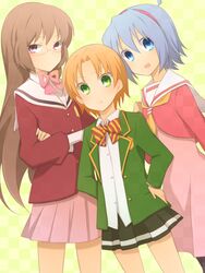  3boys ayasaki_hayate blazer blue_eyes blue_hair brown_hair commentary_request company_connection crossdressing crossover glasses green_eyes hakuo_school_uniform hayate_no_gotoku! jacket kami_nomi_zo_shiru_sekai katsuragi_keima kinokosuke kunisaki_izumo kunisaki_izumo_no_jijou long_hair male_focus multiple_boys orange_hair otoko_no_ko school_uniform serafuku short_hair shounen_sunday 