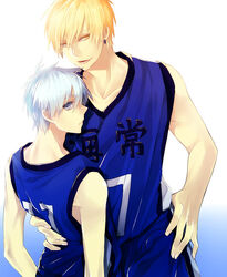  2boys basketball basketball_uniform blonde_hair blue_eyes blue_hair commentary_request kise_ryouta kuroko_no_basuke kuroko_tetsuya male_focus multiple_boys short_hair sportswear subaru_(hz) yellow_eyes 