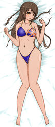  bad_id bad_pixiv_id bikini braid brown_eyes brown_hair commentary_request dakimakura_(medium) female half_updo highleg highleg_bikini highleg_swimsuit hitofudegaki_usagi idolmaster idolmaster_cinderella_girls long_hair lying shimamura_uzuki swimsuit twin_braids union_jack 