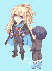  2boys artist_name black_gloves black_hair blonde_hair blue_background boots cape commentary_request cross-laced_footwear dated gloves hand_on_own_hip jacket kenshin_kagemitsu kouryuu_kagemitsu lace-up_boots male_focus moegi_(honey_122) multiple_boys ponytail purple_eyes rubber_boots shorts smile touken_ranbu track_jacket 