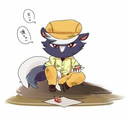  animal_crossing black_body black_fur clothed clothing fur grey_body grey_fur hair kemono kicks_(animal_crossing) kiyorafrafran male mammal mephitid multicolored_body multicolored_fur nintendo red_eyes simple_background skunk solo white_body white_fur white_hair 