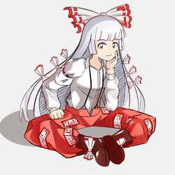  boots bow clenched_hand commentary_request female fujiwara_no_mokou full_body gradient_ray hair_ribbon hairbow hand_on_own_cheek hand_on_own_face head_rest long_hair long_sleeves looking_at_viewer ofuda pants red_eyes ribbon sitting smile solo suspenders touhou very_long_hair white_hair 