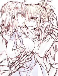  2girls ahoge aqua_eyes arm_grab armor blush bra braid breasts clenched_teeth dress fate/apocrypha fate/grand_order fate/stay_night fate_(series) fujimaru_ritsuka_(female) gauntlets multiple_girls open_mouth orange_eyes ponytail ribbon saber saber_(cosplay) saber_of_red short_hair yuri 