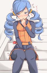  ace_trainer_(pokemon) belt between_legs black_pantyhose black_shirt black_skirt blue_eyes blue_hair blush breasts breath clenched_hand commentary_request drill_hair embarrassed female hair_tie half-closed_eyes hand_between_legs hand_up have_to_pee knees_together_feet_apart long_hair long_sleeves looking_to_the_side muroi_(fujisan0410) nose_blush open_mouth orange_vest pantyhose pleated_skirt poke_ball poke_ball_(basic) pokemon pokemon_bw shirt sitting skirt small_breasts solo stairs straight-on translated trembling twin_drills twintails vest 