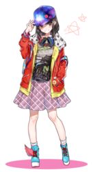  adjusting_clothes adjusting_headwear bad_id bad_twitter_id bag black_eyes black_hair female full_body hat headphones headphones_around_neck highres hood hooded_jacket hoodie jacket kamen_rider kamen_rider_ex-aid_(series) long_hair peaked_cap plaid plaid_skirt saiba_niko shirako_miso skirt smile solo star_(symbol) 