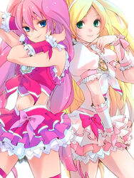  2girls bad_id bad_pixiv_id blonde_hair blue_eyes bow choker commentary_request cure_melody cure_rhythm eyelashes frills green_eyes hidaka_ryou highres houjou_hibiki magical_girl midriff minamino_kanade multiple_girls photoshop_(medium) pink_bow pink_hair pink_wrist_cuffs precure skirt smile suite_precure white_choker wrist_cuffs 