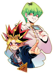  2boys bad_id bad_pixiv_id card commentary_request domino_high_school_uniform dyed_bangs green_hair grin kaiba_seto li_mone millennium_puzzle multicolored_hair multiple_boys photoshop_(medium) pointing school_uniform smile spiked_hair teeth yami_yugi yu-gi-oh! yu-gi-oh!_(toei) yu-gi-oh!_duel_monsters 