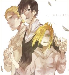  2boys annie_leonhart bad_id bad_pixiv_id bertolt_hoover blonde_hair brown_hair female folded_ponytail green_eyes holding_hands long_hair momomosae multiple_boys reiner_braun shingeki_no_kyojin short_hair translated yellow_eyes 