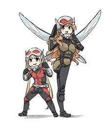  2girls :3 :d ant-man ant-man_(cosplay) ant-man_and_the_wasp armor belt black_bodysuit blonde_hair blush_stickers bodysuit bracer brown_hair commentary cosplay fighting_stance futaba_anzu glint hands_up helmet idolmaster idolmaster_cinderella_girls insect_wings long_hair marvel marvel_cinematic_universe mojimojiable moroboshi_kirari multicolored_bodysuit multicolored_clothes multiple_girls open_mouth pouch pun simple_background smile standing standing_on_one_leg twintails very_long_hair wasp_(marvel) wasp_(marvel)_(cosplay) wavy_hair white_background wings 