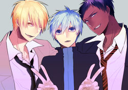  3boys aomine_daiki blonde_hair blue_eyes blue_hair commentary_request dark-skinned_male dark_skin kise_ryouta kuroko_no_basuke kuroko_tetsuya male_focus multiple_boys necktie short_hair subaru_(hz) yellow_eyes 