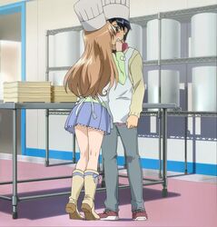  1boy anime_screenshot apron ayase_yuuto blue_hair boots brown_hair chef_hat couple female hat highres kissing kitchen long_hair nogizaka_haruka nogizaka_haruka_no_himitsu pleated_skirt skirt straight tray 