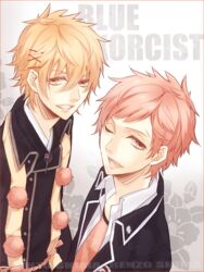  2boys :d ao_no_exorcist blonde_hair border brown_eyes character_name commentary_request grin looking_at_viewer male_focus moco multiple_boys one_eye_closed open_mouth pink_hair shima_kinzou shima_renzou smile 