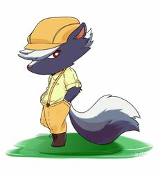  animal_crossing black_body black_fur clothed clothing fur grey_body grey_fur hair kemono kicks_(animal_crossing) kiyorafrafran male mammal mephitid multicolored_body multicolored_fur nintendo red_eyes simple_background skunk solo white_body white_fur white_hair 