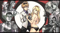  3boys 5girls :o aiming aiming_at_viewer alternate_costume ass bikini black_bikini blonde_hair blue_eyes bow bowtie breasts caitlyn_(league_of_legends) cal_(pmgdd) camille_ferros chair commentary cup cyborg drinking_glass extra_arms eyewear_on_head ezreal flower gloves gun hairband handgun hat highres james_bond_(series) jayce_(league_of_legends) league_of_legends long_hair lux_(league_of_legends) mask mechanical_arms multiple_boys multiple_girls necktie orianna_(league_of_legends) parody partially_colored photoshop_(medium) robot rose signature single_mechanical_arm sitting small_breasts sunglasses swimsuit tuxedo vi_(league_of_legends) viktor_(league_of_legends) watermark weapon web_address white_gloves wine_glass 