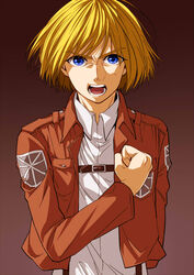  1boy armin_arlert bad_id bad_pixiv_id blonde_hair blue_eyes emblem eyebrows jacket male_focus military military_uniform open_mouth paradis_military_uniform salute shingeki_no_kyojin shouting simple_background solo sweatdrop training_corps_(emblem) uniform upper_body yoshitaro_(almendra) 