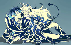  1boy bad_id bad_pixiv_id blue_theme blush chains ciel_(elsword) coat crown demon_power_(elsword) detached_sleeves earrings elsword female gloves jewelry limble long_hair luciela_r._sourcream lying monochrome on_side pants pointy_ears skirt smile sweat tail thighhighs 