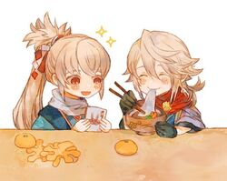  2boys bowl chibi chopsticks closed_eyes commentary_request corrin_(fire_emblem) corrin_(male)_(fire_emblem) corrin_(male)_(new_year)_(fire_emblem) eating fire_emblem fire_emblem_fates food fruit gloves japanese_clothes kimono mandarin_orange mochi multiple_boys ponytail red_eyes shourou_kanna smile takumi_(fire_emblem) takumi_(new_year)_(fire_emblem) wagashi white_hair 