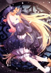  abigail_williams_(fate) black_bow black_dress black_footwear black_hat blonde_hair bloomers blue_eyes bow bug butterfly commentary_request dress fate/grand_order fate_(series) female forehead hairbow hat highres hugging_object long_hair long_sleeves looking_at_viewer lying mike_(mike-neko-chip) on_side orange_bow parted_bangs polka_dot polka_dot_bow shoes sleeves_past_fingers sleeves_past_wrists solo stuffed_animal stuffed_toy teddy_bear underwear very_long_hair white_bloomers 