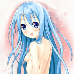  back blue_eyes blue_hair blush breasts commentary_request female hair_censor hair_over_breasts happy long_hair nude original photoshop_(medium) setona_(daice) solo 