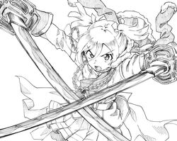  aiguillette belt commentary_request daiba_nana dual_wielding female fur_trim greyscale hair_between_eyes holding holding_sword holding_weapon jacket jacket_on_shoulders monochrome open_mouth pleated_skirt rurie_(lourie) sash shoujo_kageki_revue_starlight skirt solo sword twintails v-shaped_eyebrows waist_cape weapon 