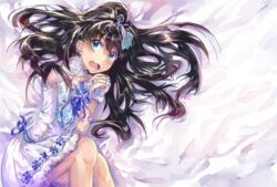  bed_sheet black_hair blue_eyes commentary_request dress female ganaha_hibiki hair_ornament hoshika_ranoe idolmaster idolmaster_(classic) long_hair lying oerba_yun_fang open_mouth own_hands_together ponytail scared snowflake_liliput_(idolmaster) solo wavy_mouth 