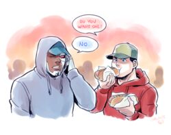  2boys artist_name baseball_cap black_hair cyborg cyborg_(dc) dark_skin dated dc_comics eating food hat hood hoodie hot_dog justice_league male male_focus multiple_boys sen_(pixiv111638) shazam victor_stone 