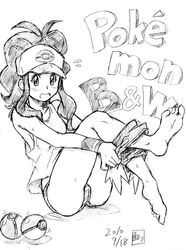  blush breasts feet female female gamonkoubou long_hair monochrome nintendo pokemon soles toes touko_(pokemon) 