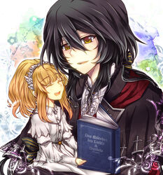  1boy ^_^ black_hair blonde_hair book capelet chains closed_eyes commentary_request cross doll dress elyse_(sound_horizon) feather_hair_ornament feathers female flower german_text hair_between_eyes hair_ornament hairband long_hair maerchen_(sound_horizon) marchen_von_friedhof nugi open_book open_mouth ponytail smile sound_horizon translated yellow_eyes 