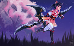  animal_ears armor black_hair boots cat_ears cherry_blossoms elin_(tera) fingerless_gloves from_below gloves grass huge_weapon japanese_clothes kimono knee_boots long_hair looking_down night night_sky ninja outdoors panties panty_peek ponytail red_eyes running short_kimono short_yukata shuriken sky solo standing standing_on_one_leg star_(sky) tail tera_online thighhighs tree underwear weapon white_legwear white_panties yukata zettai_ryouiki 