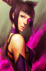  bare_shoulders black_hair breasts capcom female from_side glowing glowing_eye hair_horns highres juri_han lips noa_ikeda purple_eyes realistic short_hair smile solo street_fighter street_fighter_iv_(series) 