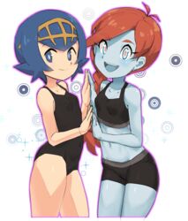  2girls blue_eyes blue_hair blue_skin braid breasts colored_skin commentary_request covered_navel crop_top cropped_legs highres holding_hands lana_(pokemon) long_hair looking_at_viewer midriff multiple_girls navel nyonn24 one-piece_swimsuit orange_hair pokemon pokemon_sm pokemon_usum short_hair shorts simple_background small_breasts smile swimsuit white_background zossie_(pokemon) 