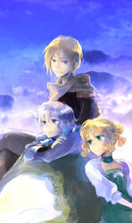  blonde_hair blue_eyes boy cain_highwind cecil_harvey children choker dress female final_fantasy final_fantasy_iv girl green_eyes hair_bun lolicon male mizukumohouse pants ribbon rosa_farrell short_hair silver_hair sitting sky 