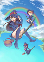  3girls akko_kagari blonde_hair blue_eyes broom broom_riding brown_eyes brown_hair convenient_leg glasses hat highres kakutasu little_witch_academia long_hair lotte_yanson multiple_girls rainbow red_eyes short_hair sucy_manbabalan wide_sleeves witch_hat 