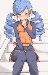  ace_trainer_(pokemon) belt between_legs black_pantyhose black_shirt black_skirt blue_eyes blue_hair blush breasts clenched_hand commentary_request drill_hair embarrassed female hair_tie half-closed_eyes hand_between_legs hand_up have_to_pee knees_together_feet_apart long_hair long_sleeves looking_down muroi_(fujisan0410) nose_blush orange_vest pantyhose pleated_skirt poke_ball poke_ball_(basic) pokemon pokemon_bw shirt sitting skirt small_breasts solo stairs straight-on tears translated trembling twin_drills twintails vest 