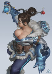  absurdres bad_id bad_pixiv_id beads belt belt_pouch black-framed_eyewear blue_gloves blue_legwear boots breasts brown_eyes brown_hair canister canteen chen_zhang cleavage closed_mouth coat collarbone cowboy_shot drone energy_gun female finger_on_trigger floating fur-trimmed_boots fur-trimmed_jacket fur_boots fur_coat fur_trim glasses gloves gun hair_bun hair_ornament hair_stick hand_up handgun harness highres holding holding_gun holding_weapon jacket knee_boots large_breasts lips machinery mei_(overwatch) open_clothes open_coat overwatch overwatch_1 parka photoshop_(medium) pouch ray_gun robot short_hair sidelocks single_hair_bun snowball_(overwatch) snowflake_hair_ornament solo standing strap swept_bangs tank_top utility_belt weapon winter_clothes winter_coat 